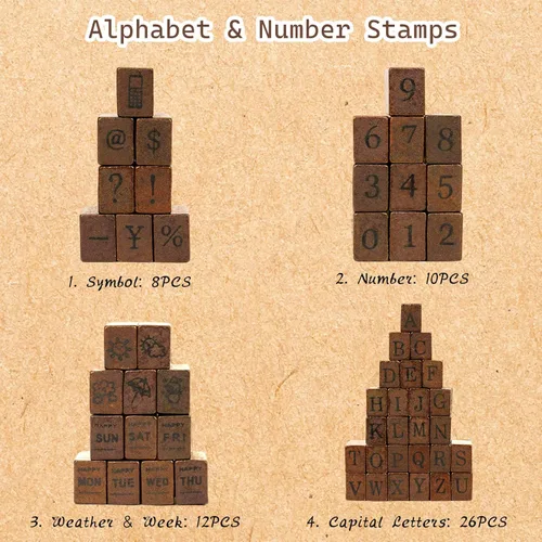 Miniatura 7 de Sellos de letras, 56 sellos del alfabeto con semanas y clima, sellos de números con estuche de madera, sellos de madera con símbolos vintage