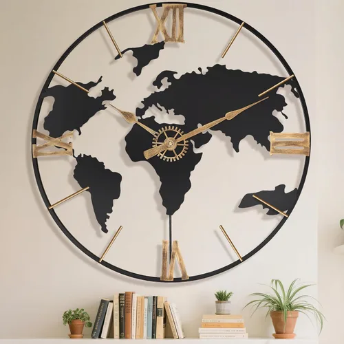 Pytha Sight Relojes de Pared Grandes Modernos Decorativos de Metal con Mapa del Mundo de 30 Pulgadas Gigantes Extra Vintage Dorados con Números