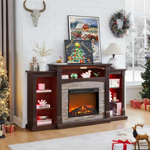 SAVOR LIFE Soporte de TV con Chimenea para TV de 80'', Chimenea Eléctrica de 70" con Repisa, Centro de Entretenimiento Estilo Granja de 39" de Alto,