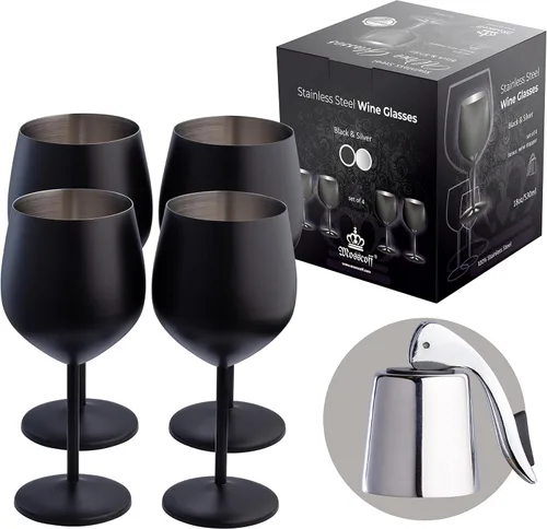 Juego de 4 vasos de acero inoxidable, colección negro y plateado, vasos irrompibles de 18 onzas con tapón de vino, vasos de metal portátiles