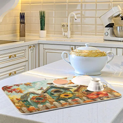 Miniatura 6 de Tapete de secado de platos de 16 x 18 pulgadas para encimera de cocina, hojas de arce y hojas de arce, tapete de microfibra reversible para secar