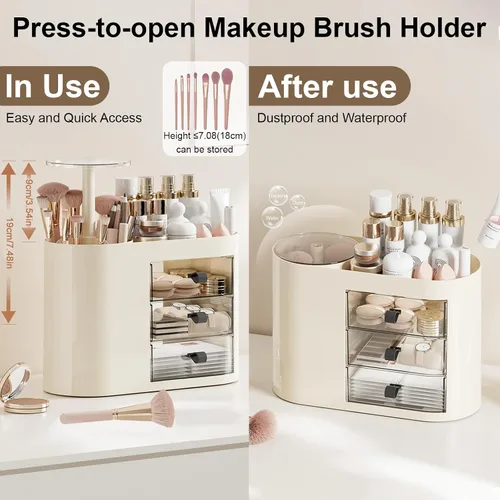 Miniatura 4 de DASITON Organizador de maquillaje con 3 cajones, soporte automático para brochas de maquillaje con tapa, organizador de maquillaje de gran capacidad