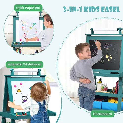 Miniatura 4 de Caballete de arte HONEY JOY para niños, caballete doble de 3 en 1 para niños pequeños de madera con pizarra blanca magnética y pizarra, rollo