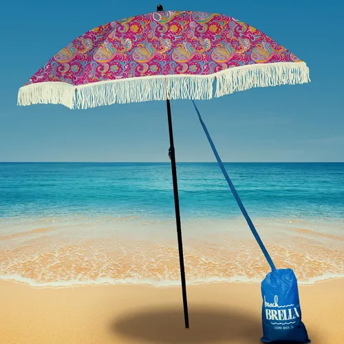 Miniatura 39 de Sombrilla de playa para arena, resistente al viento, con bolsa de anclaje de arena, portátil, flecos, bolsa de mezclilla, cuenta con parte inferior