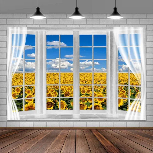 Miniatura 2 de Telón de fondo de campo de girasol, ventana, paisaje, granja, primavera, flores amarillas, cielo azul, fondo de poliéster de 5 x 3 pies para fotos