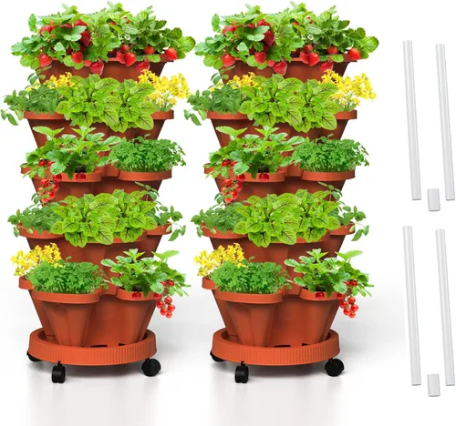 Miniatura 23 de Macetas verticales de fresa, paquete de 2 unidades, torre apilable de 5 niveles con poste de soporte, macetas apilables para hierbas y verduras