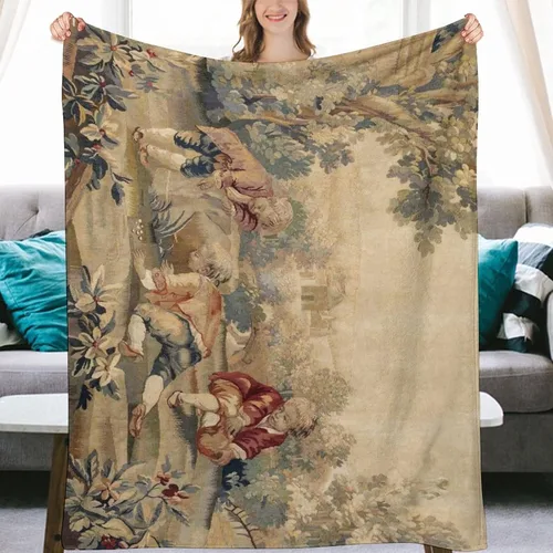 Aubusson - Manta de franela con estampado francés antiguo de 50 x 40 pulgadas, manta ligera y esponjosa de invierno y otoño, acogedora y suave felpa