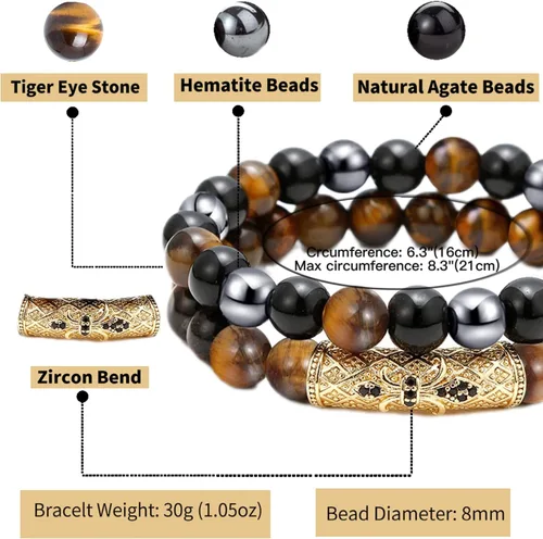 Miniatura 26 de 2Pcs Triple Protection Bracelet,Natural Tigers Eye Black Obsidian and Hematite 8 MM Beads Bracelet for Men Women Gift, Healing Crystal Bracelet
