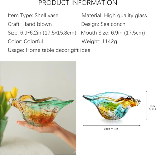 Miniatura 2 de Jarrón de cristal soplado de 9 pulgadas, hecho a mano, soporte para popurrí, caracola, caracola, figurita coleccionable, cuenco de caracola único