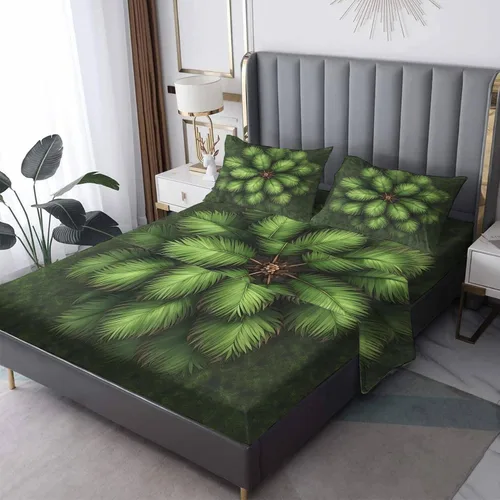 Juego de sábanas de 3 piezas con diseño de palmera de hojas verdes, sábanas y fundas de almohada estampadas, sábana bajera ajustable de microfibra