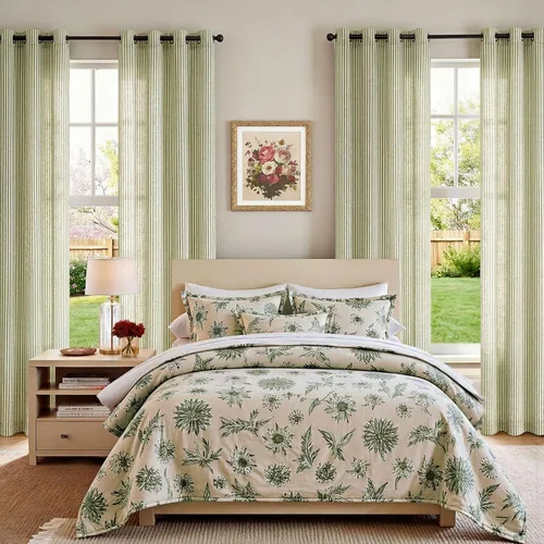 Miniatura 5 de JINCHAN Cortinas de lino para sala de estar o dormitorio, con estampado a rayas verde salvia sobre beige, rayas delgadas que filtran la luz