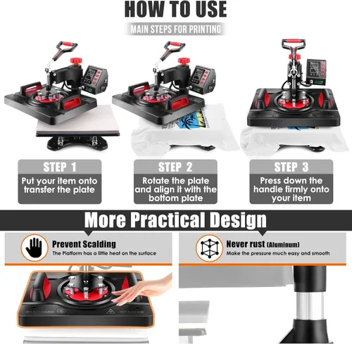 Miniatura 9 de AKEYDIY - Máquina de prensa de calor 5 en 1, máquina profesional de sublimación, 12" X 15", prensa giratoria para impresión en camisas