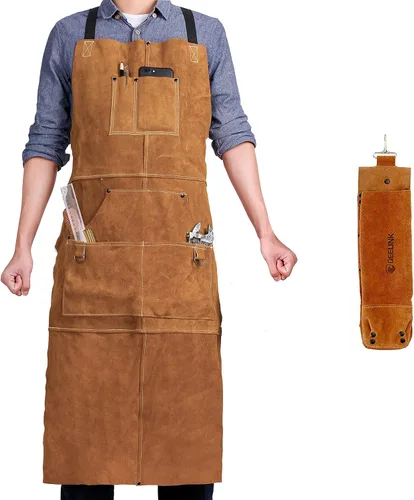 Miniatura 7 de Delantal de trabajo de soldadura de cuero QeeLink con 6 bolsillos para herramientas, delantales de soldador resistentes al calor y a las llamas, 24