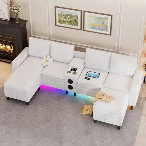 Miniatura 8 de Sofás seccionales para sala de estar, sofá modular de 4 asientos con módulo inteligente, altavoz Bluetooth, luz RGB, estación de carga, sofá de nube
