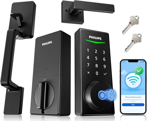 Philips Cerradura inteligente WiFi con pantalla táctil, juego de asas, WiFi integrado, control remoto y control de voz, cerradura de puerta de