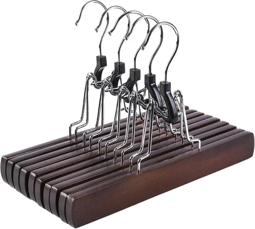 Miniatura 9 de Amber Home Paquete de 10 perchas de madera natural para pantalones, perchas de madera con terciopelo acolchado antideslizante, ganchos