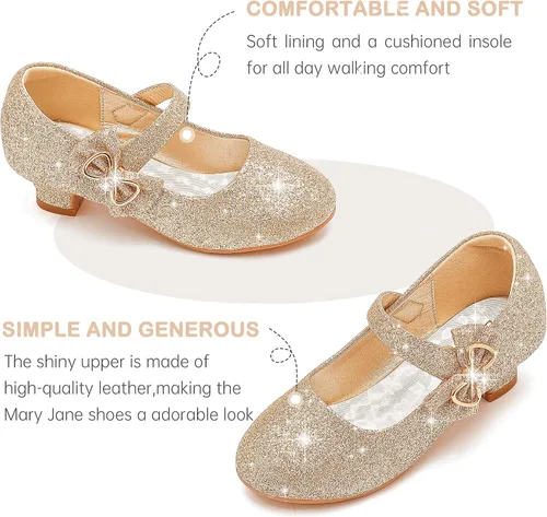 Miniatura 4 de Dufannie Zapatos de vestir para niñas, zapatos de tacón bajo de princesa, zapatos planos con purpurina para bodas y fiestas