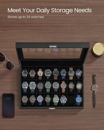 Miniatura 18 de SONGMICS 24 organizador y exhibidor negro de calidad superior, de vidrio, con funda para reloj, de piel sintética UJWB024