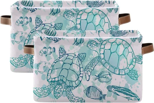 Cesta de almacenamiento en cubo tropical con tortugas marinas y peces plegables grandes, caja de almacenamiento para juguetes, organizador de