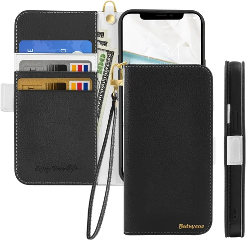 Funda tipo cartera compatible con iPhone X/XS, piel sintética, a prueba de golpes, TPU con soporte para tarjetas, cierre magnético, color negro