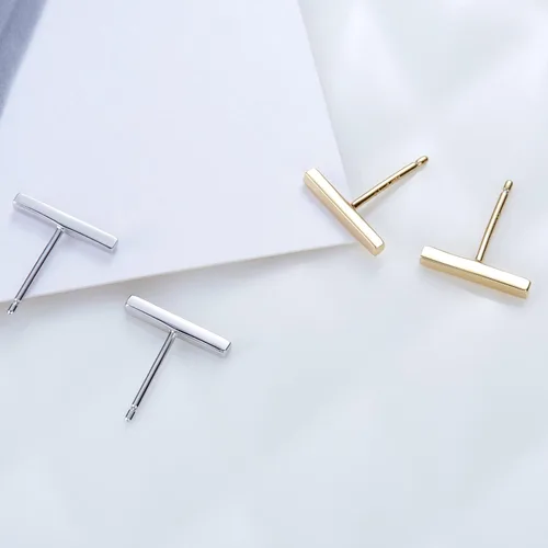 Miniatura 4 de S.Leaf Sterling Silver Stud Earrings for Women Gold Plated Tiny Dot I Bar Earrings Dainty Simple Earrings for Women (14k Gold)
