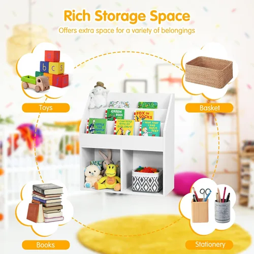 Miniatura 4 de KOTEK Estantería para niños con organizador de almacenamiento de juguetes, estantería para niños con estante de libros de 3 niveles y 2 cubos