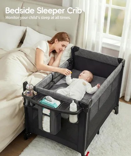 Miniatura 7 de Moisés de bebé 4 en 1 junto a la cama con configuración con una sola mano y colchón impermeable – Parque de juegos certificado por ASTM, corralito