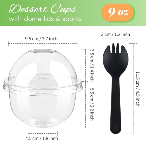 Miniatura 2 de Zezzxu Paquete de 50 vasos de postre de plástico de 9 onzas con tapas de cúpula (sin agujero) y tenedores, vasos desechables para frutas, helados