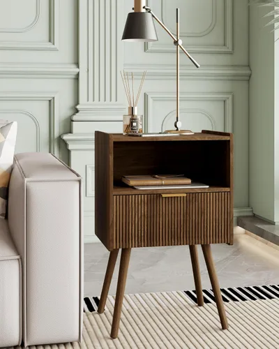 Miniatura 5 de Veegle Mesita de noche, moderna mesita de noche con cajón de almacenamiento y estante de madera abierta, mesita de noche decorativa con patas