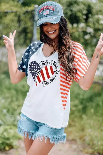 Miniatura 3 de Camisas patrióticas para mujer, camiseta con la bandera estadounidense, Faith Family Freedom Graphic Tee USA Star Stripes Tops