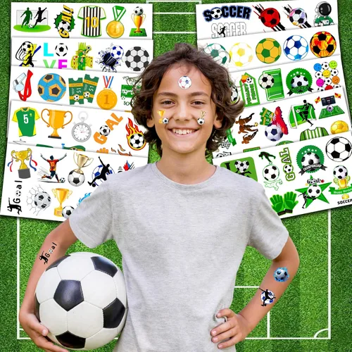 Miniatura 3 de 96 tatuajes temporales de fútbol para niños, calcomanías de fiesta deportiva con pelotas de fútbol y jugadores, divertidos recuerdos de fiesta