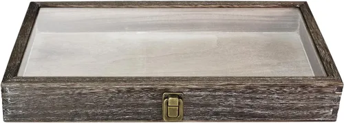 Miniatura 4 de MOOCA Caja de almacenamiento de 2 piezas de vidrio templado de madera con cierre de metal, bandeja de joyería de madera para coleccionables, vitrina