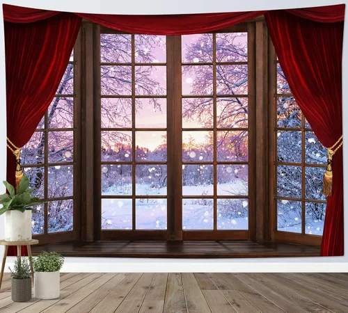 Miniatura 21 de HVEST Tapiz de bosque de invierno para colgar en la pared, montaña, nieve y pino, exterior, ventana de Navidad, arte de pared, tapiz de invierno