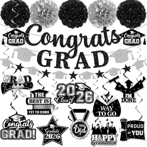 Miniatura 7 de Decoraciones de graduación 2026, pancarta de felicitaciones con purpurina, espirales colgantes y pompones de tela, decoraciones de graduación negras