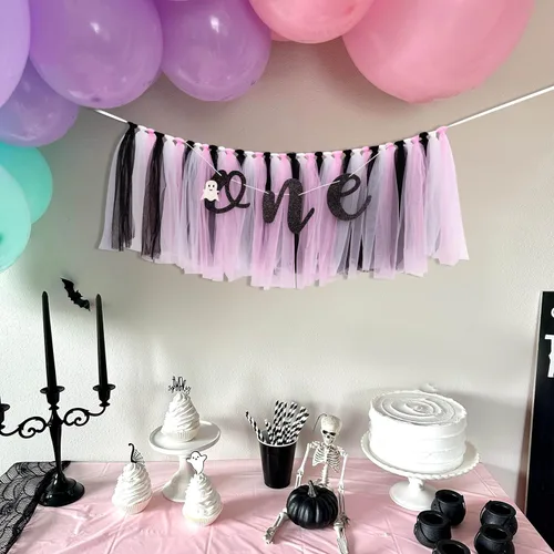 Miniatura 4 de Cartel de cumpleaños con temática de Halloween, decoración de fiesta de primer cumpleaños de fantasma pequeño, guirnalda espeluznante, tutú rosa