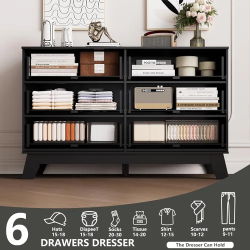 Miniatura 3 de HUANLEGO Cómoda de 6 cajones para dormitorio, cómodas estilizadas negras con cajones y tirador dorado, cómodas de madera modernas de mediados