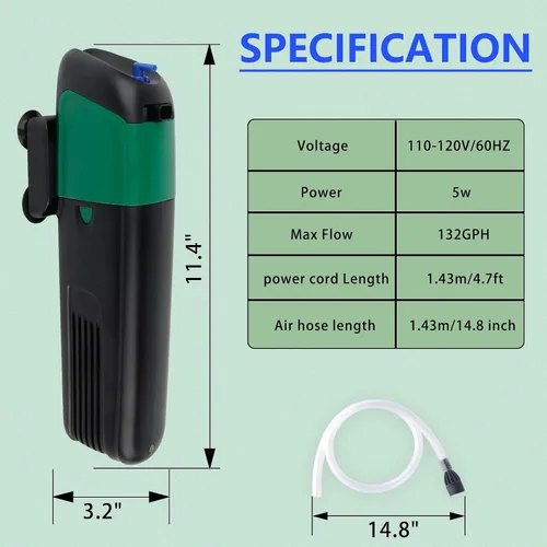 Miniatura 4 de FREESEA Bomba de filtro de energía para acuario: filtro interno de 5 vatios aumenta oxígeno 4 en 1 bomba 132 GPH para hasta 150 galones