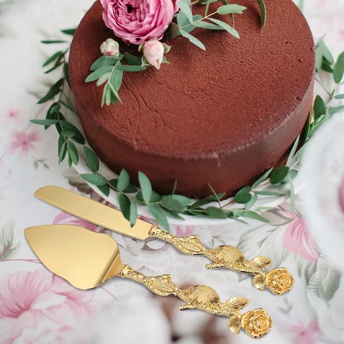 Miniatura 2 de BestAlice Juego de cuchillos y servidor para pastel de boda, juego personalizado de corte de pastel dorado para boda, juego de servir pasteles Oro