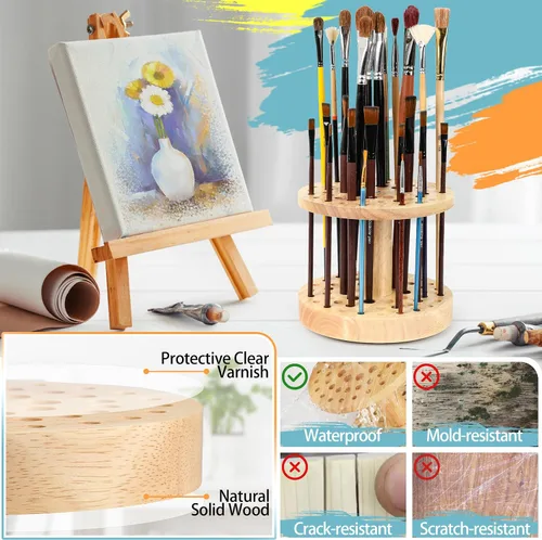 Miniatura 4 de Soporte para pinceles de pintura de 52 agujeros, organizador de pinceles de pintura giratorio de 360°, soporte de almacenamiento de madera dura