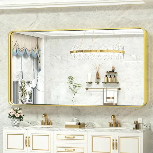 Miniatura 93 de TokeShimi Espejo redondo dorado de 36 pulgadas, espejo redondo de baño para pared con aleación de aluminio antioxidante, marco de metal dorado Oro