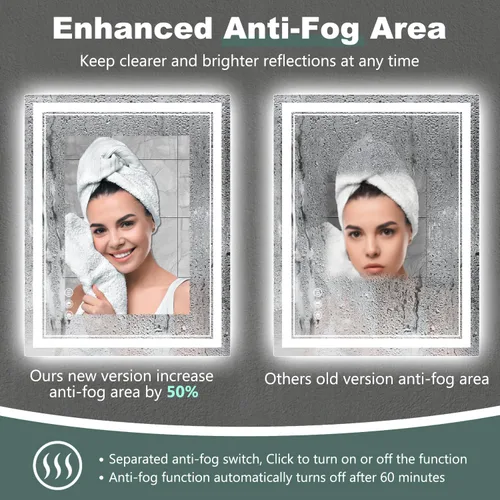 Miniatura 6 de Espejo de baño LED con luces: 40 x 24 pulgadas, grandes espejos iluminados para montar en la pared, sin niebla, antiniebla, regulable, función