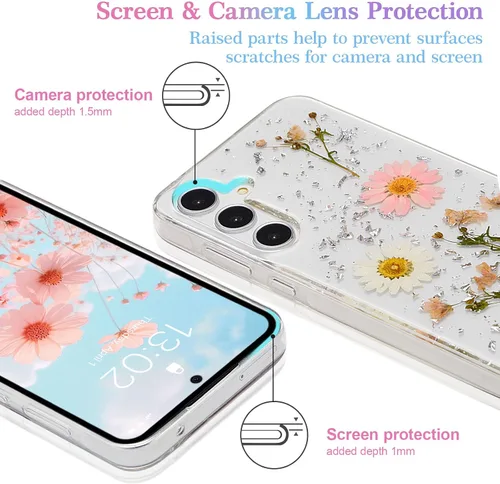 Miniatura 2 de EYZUTAK Funda para Samsung Galaxy A15 4G/5G, Bling Glitter Lentejuelas Hecho a Mano Hoja De Flor Seca Real Funda Estética Transparente Embedded