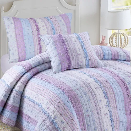Miniatura 9 de Cozy Line Home Fashions Juego de ropa de cama acolchado reversible de niña con volantes rosa claro y azul de 100% algodón, colcha, cubrecama