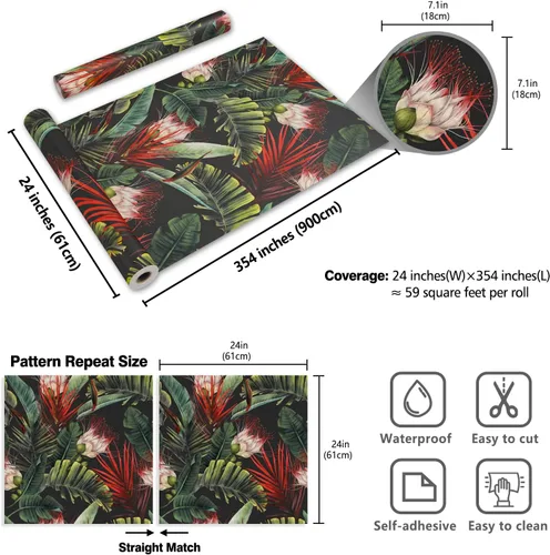 Miniatura 2 de CRE8TIVE Papel tapiz de selva tropical oscuro, 24 x 118 pulgadas, papel tapiz floral para despegar y pegar, papel de pared botánico de hoja