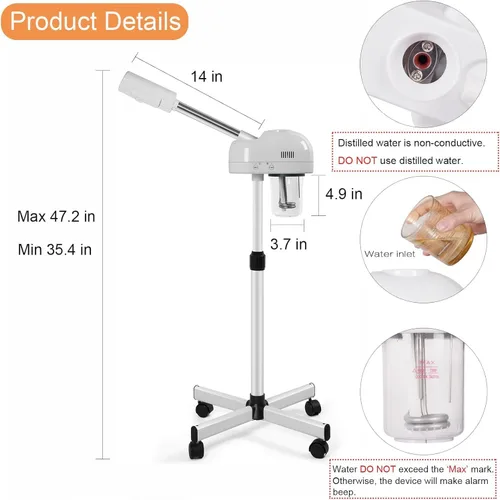 Miniatura 3 de Vaporizador facial profesional con función de niebla caliente, vaporizador facial de soporte sobre ruedas, altura ajustable y boquilla giratoria