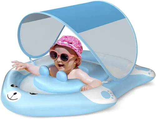 Flotador doble con asiento de seguridad ajustable, toldo UPF 50+ extraíble solar, flotador inflable estilo animal, flotador de natación durante 6-36