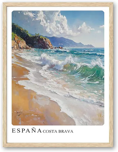 Sea - Arte de pared abstracto con marco de playa de madera de roble, arte de pared de 8 x 10 pulgadas, póster retro español de ciudad, impresión en