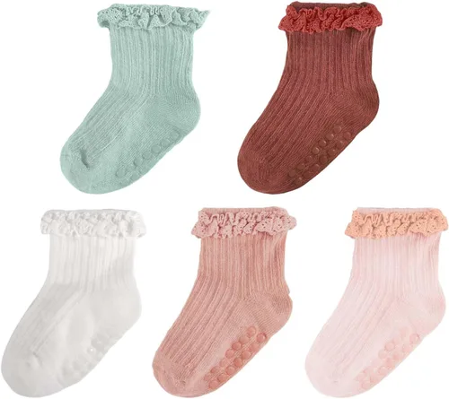 Miniatura 14 de Calcetines de Volantes para Niña Bebé, Calcetines Antideslizantes de Agarre para Niñas, Calcetines de Tobillo Frilly de Algodón Lindos para Niñas