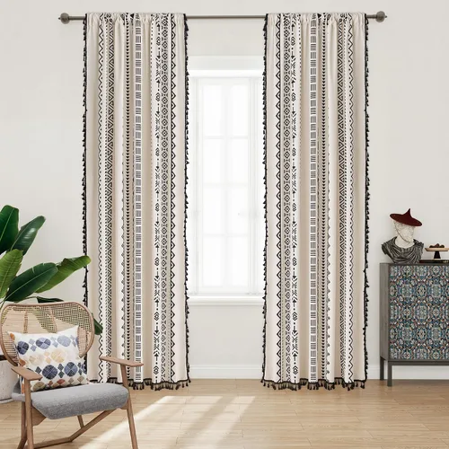Miniatura 2 de Cortinas bohemias geométricas negras para dormitorio, cortina bohemia con borlas y flecos para sala de estar, bolsillo para barra, cortinas
