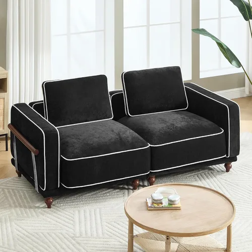 Sofá biplaza modular de felpilla de 80 pulgadas, sofá pequeño color negro con fundas extraíbles lavables, cojines de espuma de alta resistencia,